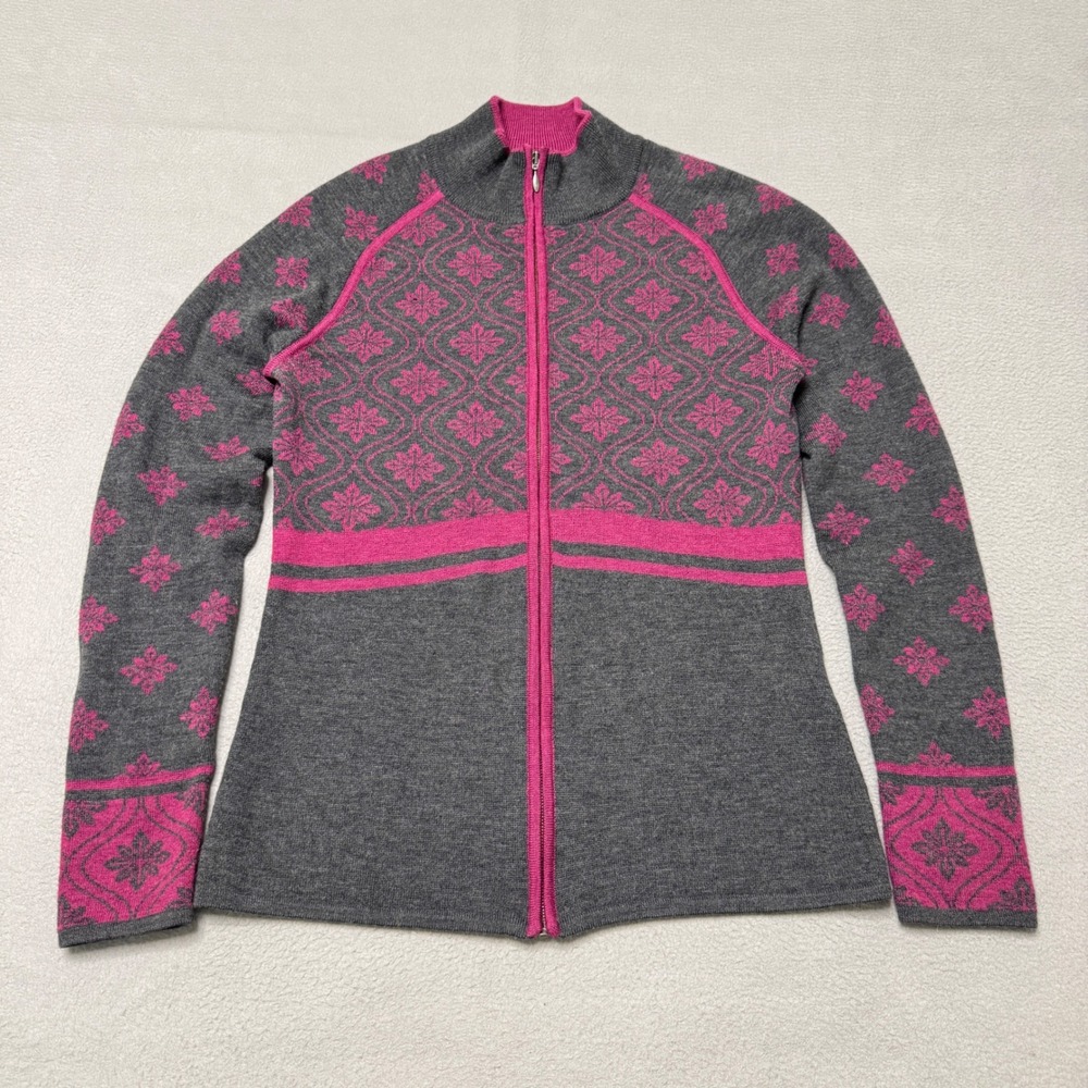 Krimson Klover Sweater Womens M Gray Pink Wool Full Zip Fair Isle Snowflake *
